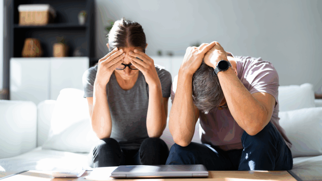 Stressed couple sitting on a couch with heads in hands, worried about finances or home selling challenges.