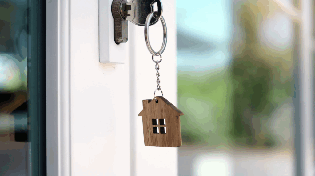 Hand holding house keys with a home shaped keychain in front of a blurred interior, representing a buyer receiving keys after closing.