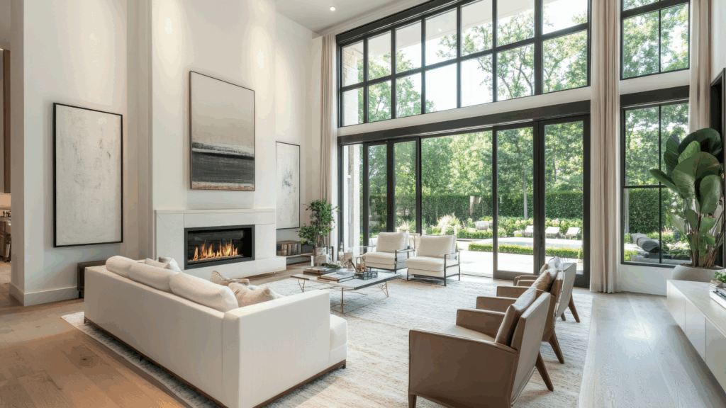 Bright modern living room with high ceilings large windows fireplace and neutral furnishings opening to a landscaped backyard