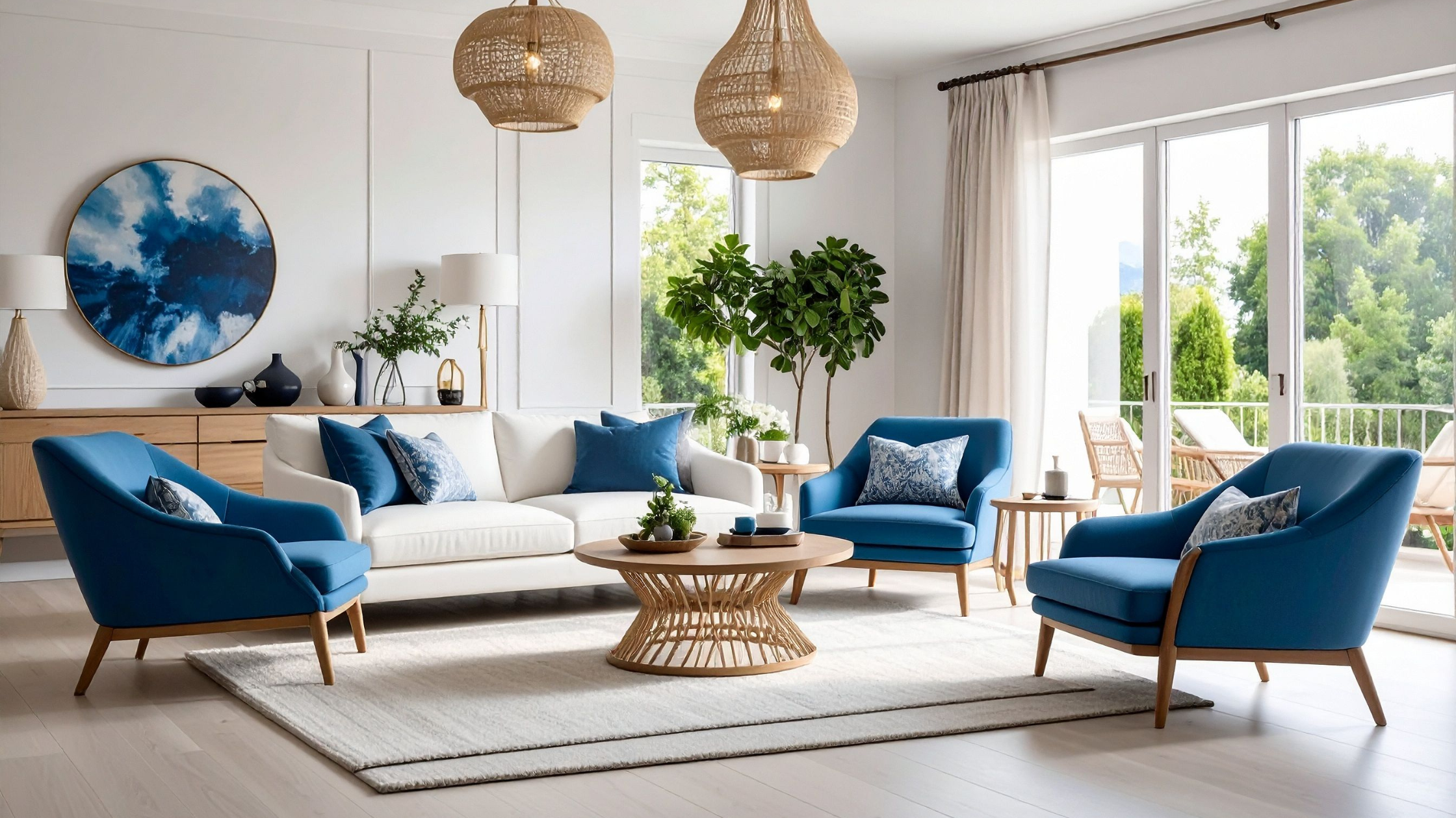 Bright living room with white sofa blue accent chairs woven pendant lights and natural wood furniture filled with natural light