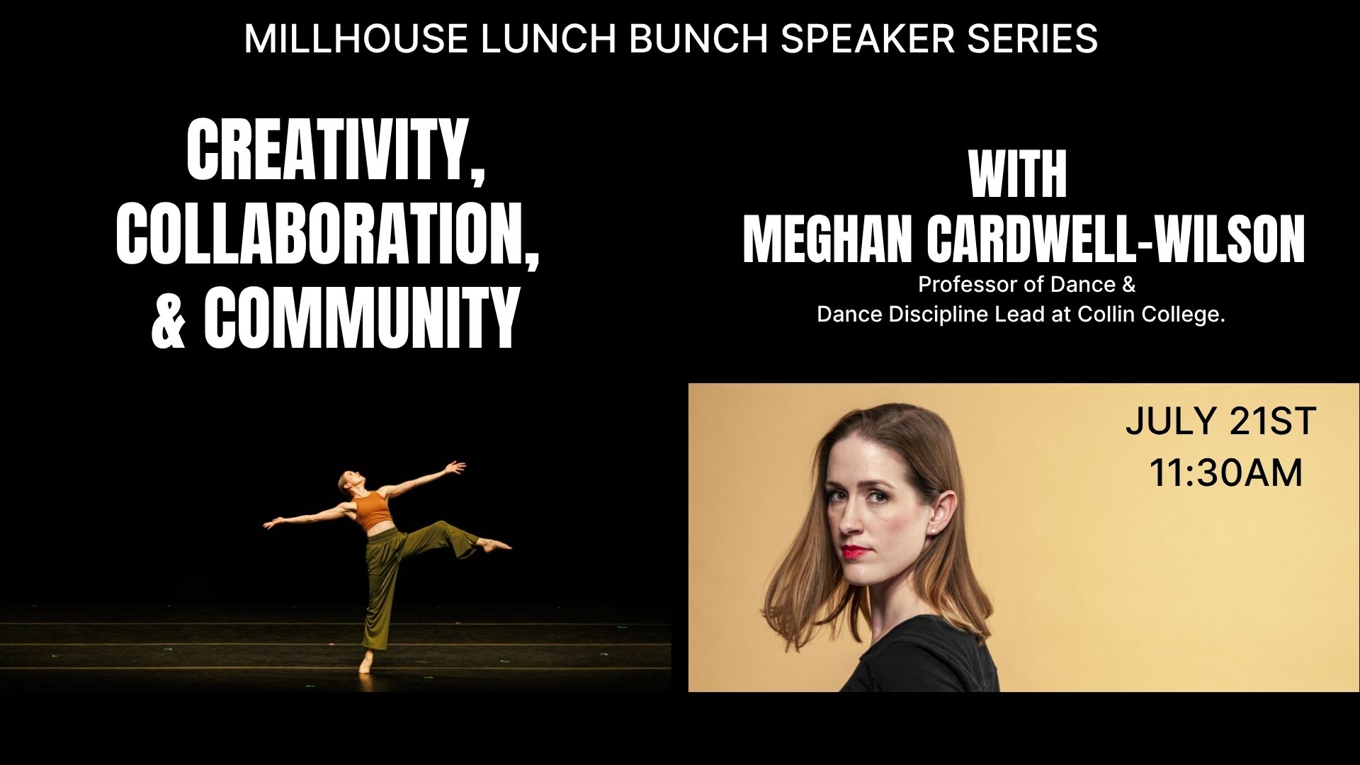 Flyer for Lunch Bunch July 21st. Creativity, Collaboration, and Community with Meghan Cardwell-Wilson