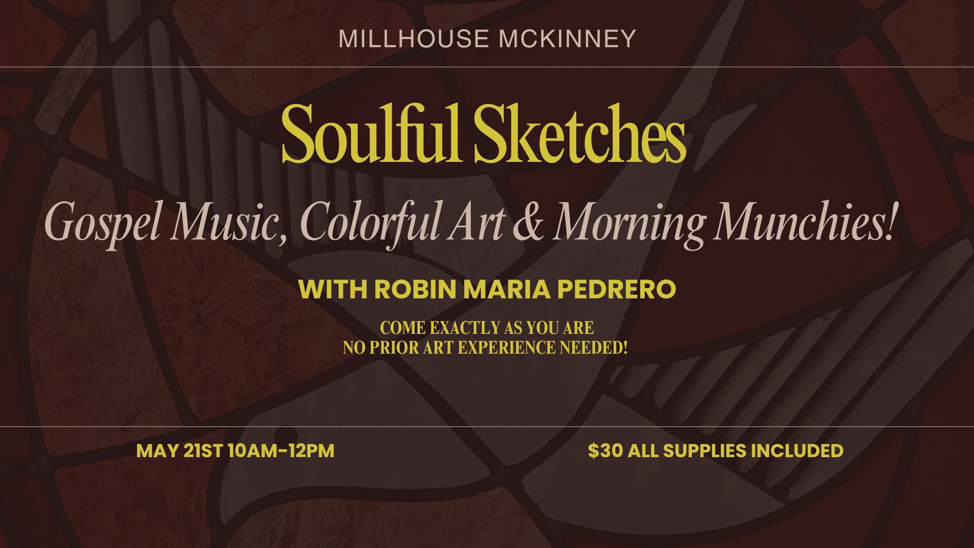 flyer for soul sketches with robin pedrero on may 21, 10-12pm