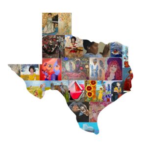 Image of a lot of painting of Texas Trailblazing Women formatted in the shape of Texas