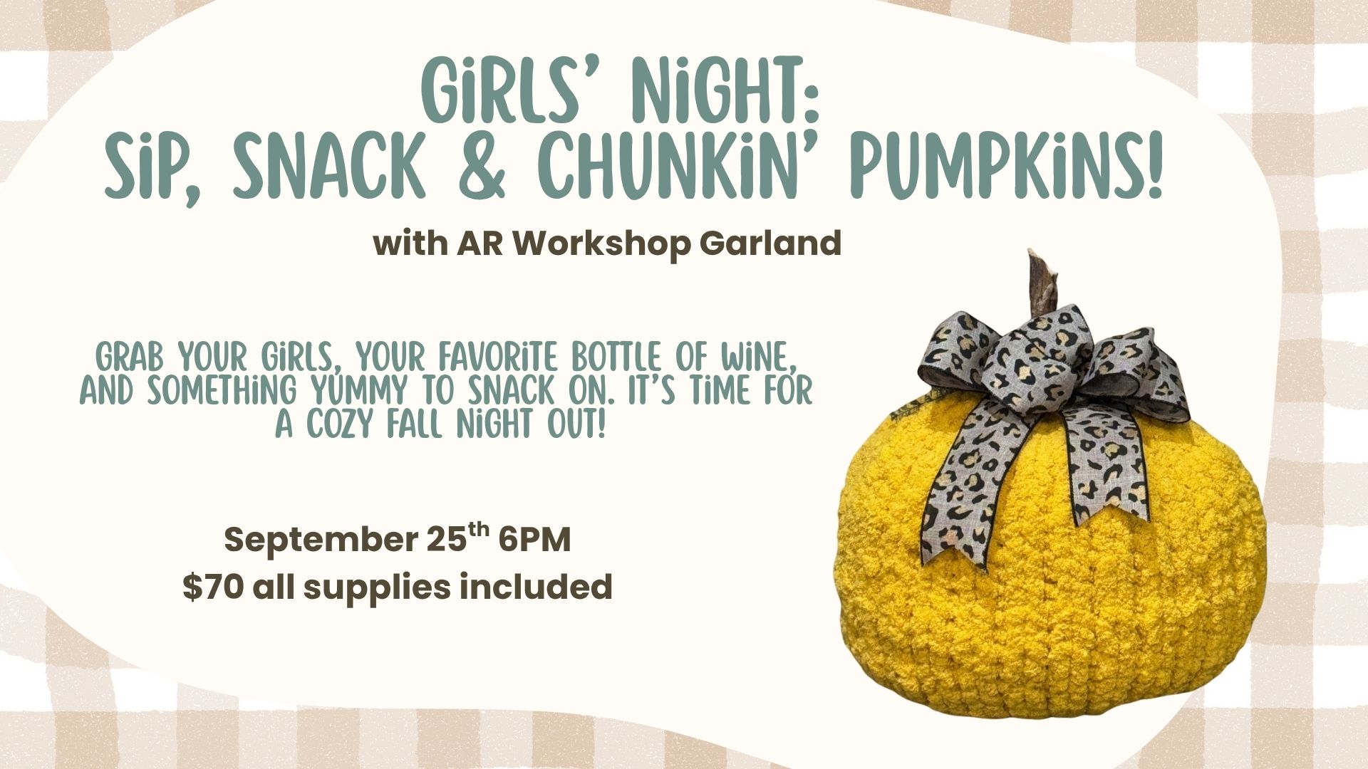Flyer for girls night pumpkin knit workshop September 25