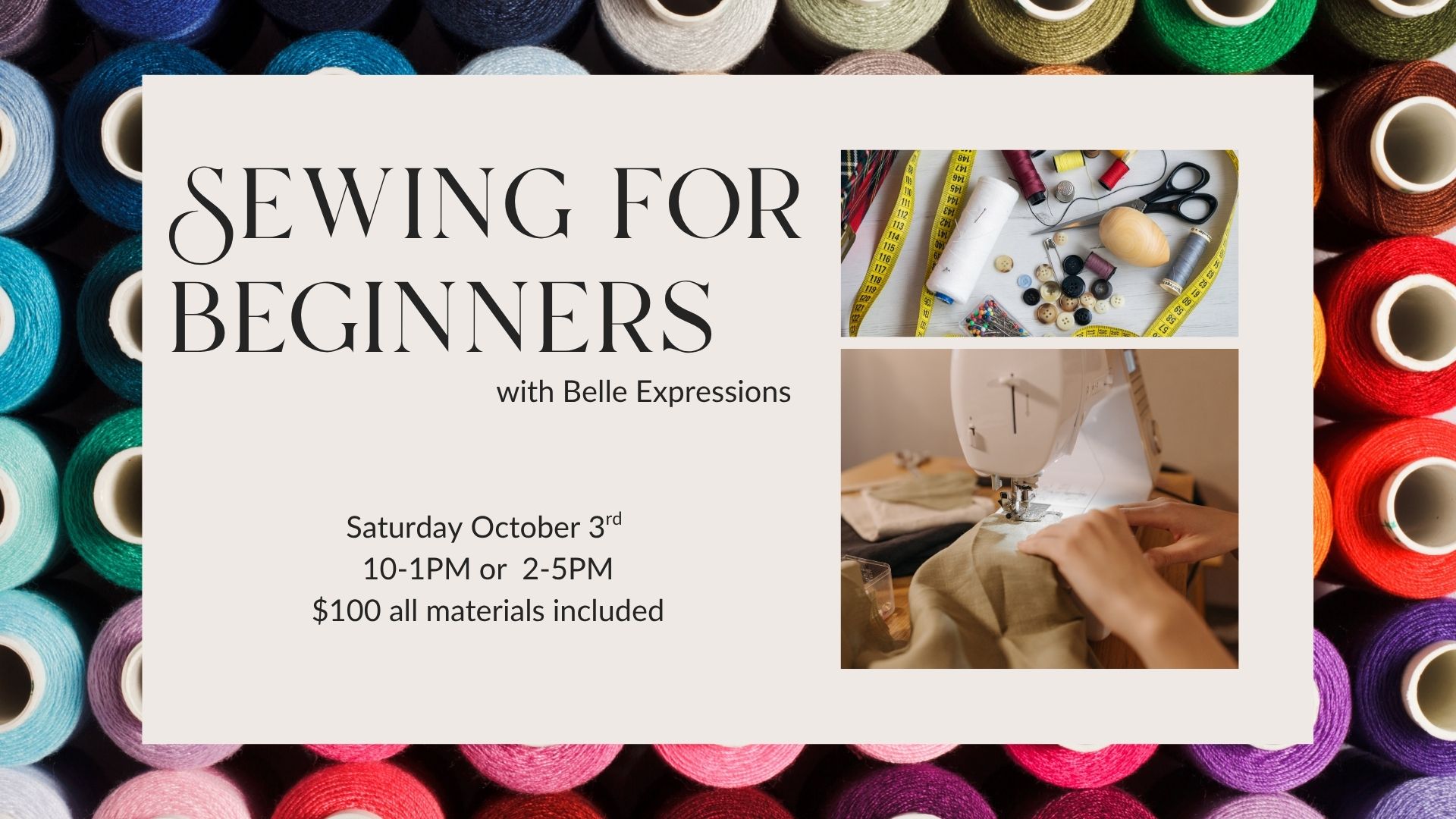 sewing for beginners class flyer for october 3rd at millhouse mckinney