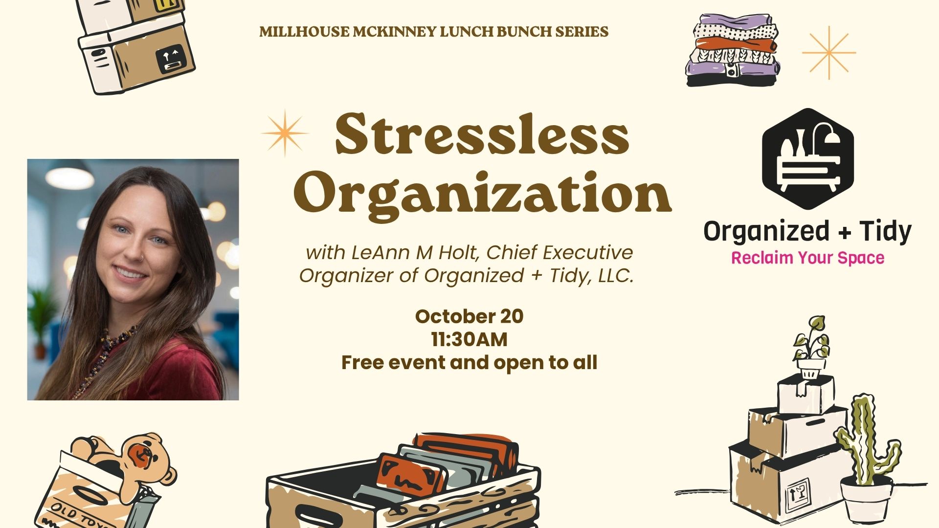 Flyer for Lunch Bunch October 20. Stressless Organization with LeAnn Holt